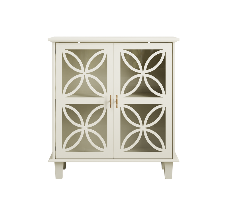 Buffet  Crème Avec Étagères Réglables,portes En Verre,design Rétro,pour Cuisine Et Salle De Bain