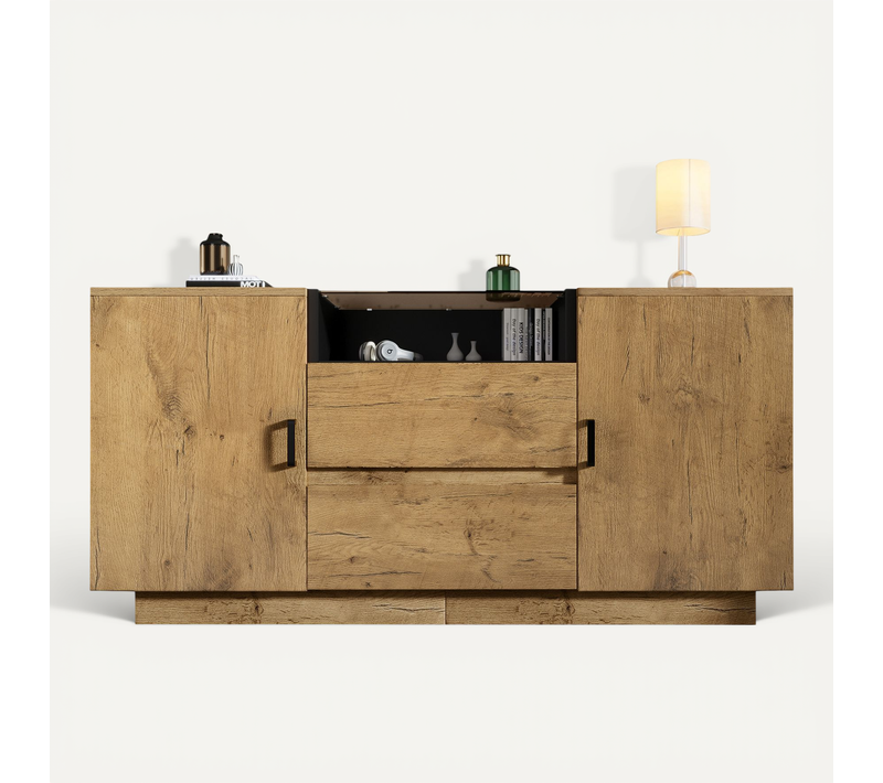 Buffet Moderne Effet Chêne Avec 2 Tiroirs, 2 Portes Réglables, Niche Ouverte Et Poignées Noires