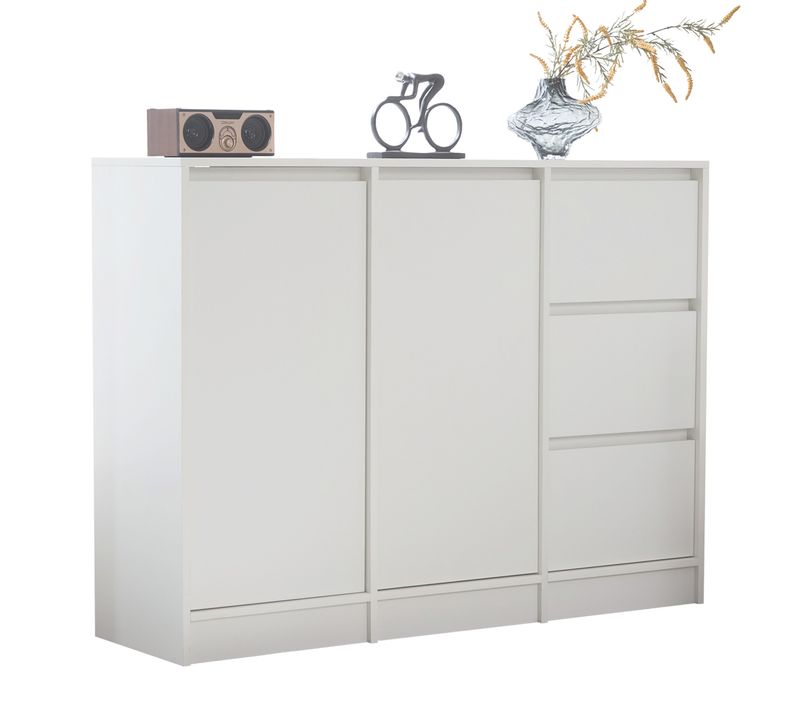 Buffet Moderne Blanc Avec 2 Portes, 3 Tiroirs Et Étagère Réglable, Grand Rangement, 120x35x90 Cm.