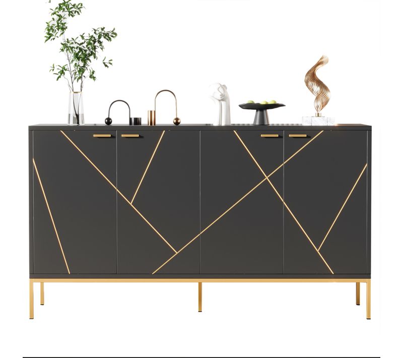 Buffet  Avec 4 Portes, Pieds En Métal, Design Moderne, TV-schrank, Noir Et Or, 150x40x80 Cm