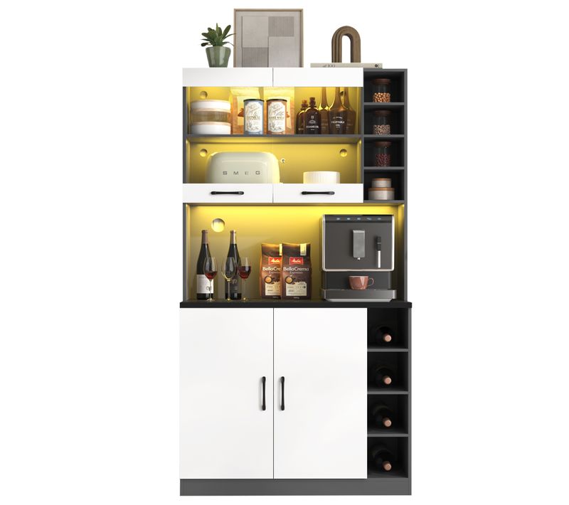 Buffet 100x47x187 Cm Avec LED, Étagères Réglables, Pour Micro-ondes, Avec Gestion Des Câbles