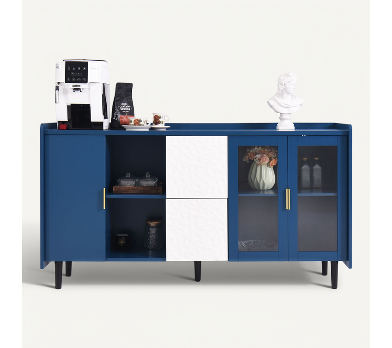 Buffet De Rangement Bleue (140 Cm),bar à Café Avec Tiroirs Et Portes En Verre,pour Cuisine Et Salon