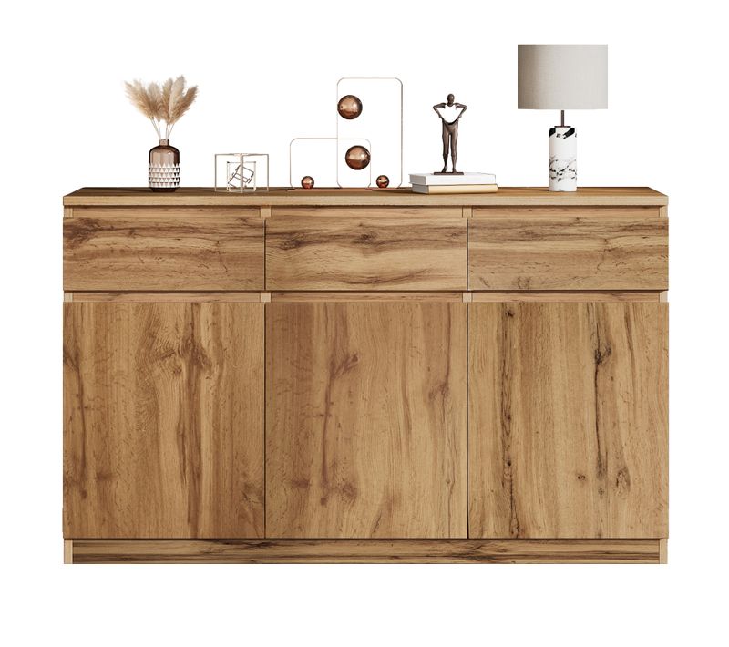 Buffet Multifonction Bois Naturel 135x40x81 Cm, 3 Portes, 3 Tiroirs, Meuble Spacieux Cuisine/entrée