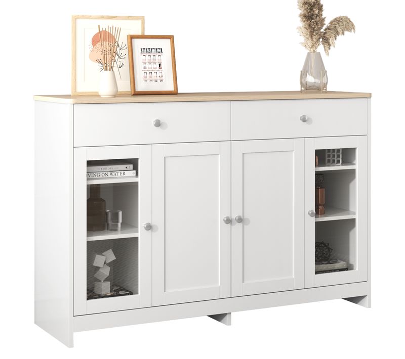 Buffet Blanc Et Bois Naturel, 4 Portes, 2 Tiroirs, Porte Vitrée,pour Salon.