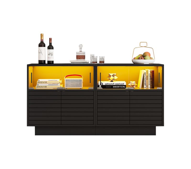 Buffet Moderne 130x35x68 Cm, 2 Armoires, 4 Étagères, Portes En Verre, Meuble Avec Éclairage LED