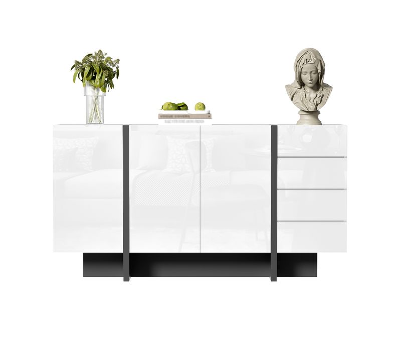 Buffet Moderne Laqué Blanc, 2 Portes Et 4 Tiroirs, Facile à Nettoyer, Pour Salon Et Salle à Manger