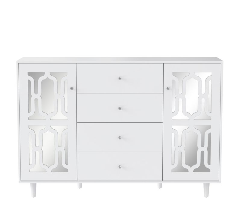 Buffet  Blanche Avec Miroir Et Poignées Cristal, Meuble  Pour Salon Et Salle à Manger.