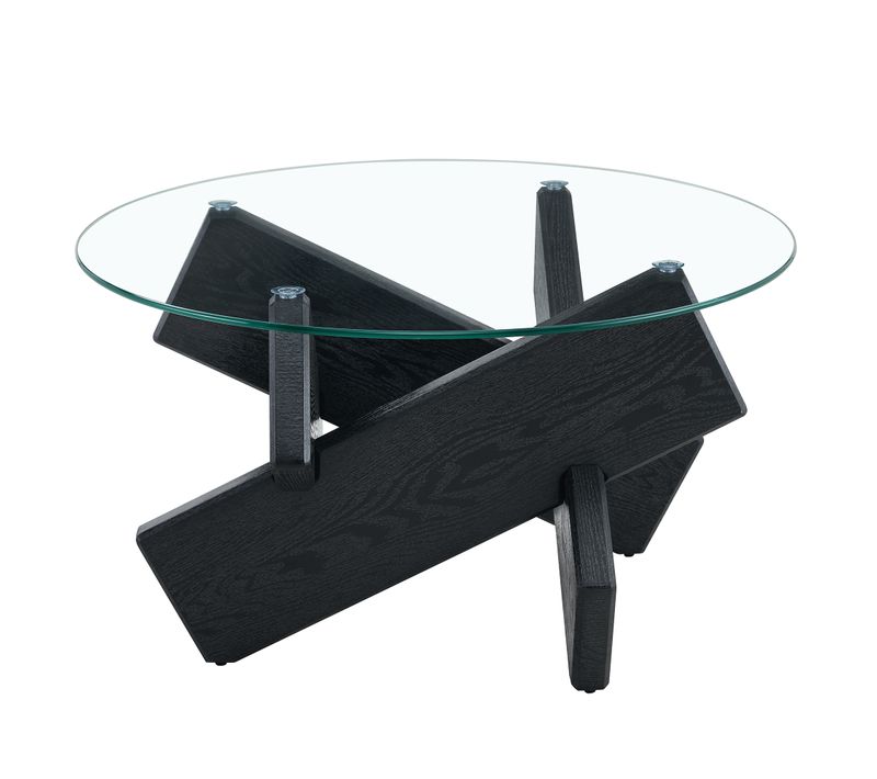 Table Basse Ronde 79 Cm En Mdf Noir Et Plateau Verre 0,8 Cm – Piétement Croisé Design