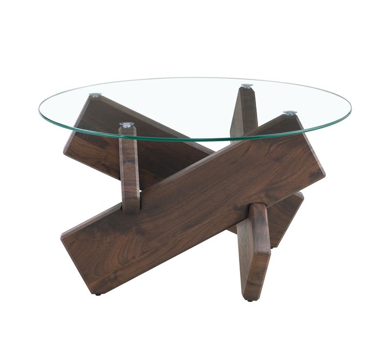 Table Basse Ronde 79 Cm En Mdf Imitation Noyer Et Plateau Verre Trempé 0,8 Cm, Piètement Croix