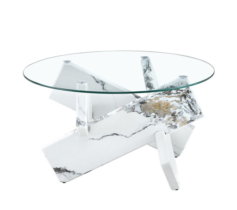 Table Basse Ronde 79 Cm  H.45 Cm Verre Trempé 0,8 Cm, Mdf Marbre Blanc Et Piètement Croisé