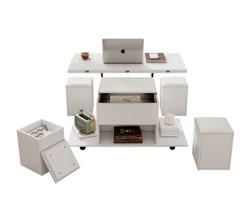 Table Basse Relevable 100x51 Cm En Panneau Blanc, Plateau 2-en-1 Pliant Et Rangement Ouvert