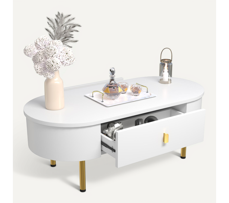 Table Basse Avec Deux Tiroirs Poignées Et Pieds Dorés Coins Arrondis Moderne Pour Salon