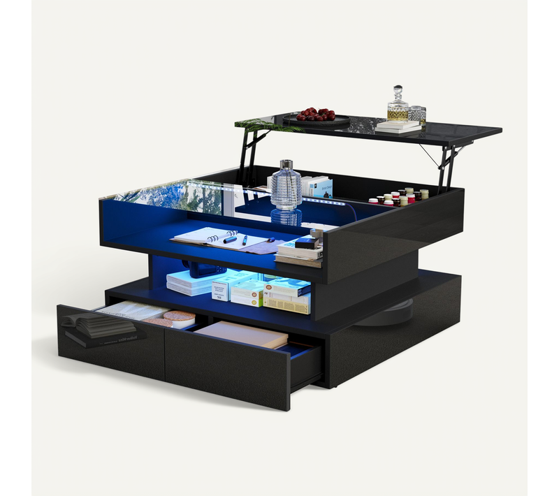 Table Basse Noire 80x80x45 Cm, Plateau Relevable, 2 Tiroirs, LED, Verre Trempé, Rangement Caché