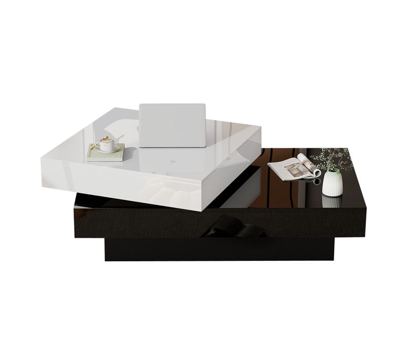 Table Basse Rotative Noir Et Blanc, Double Plateau, Finition Brillante, Design Moderne Pour Salon