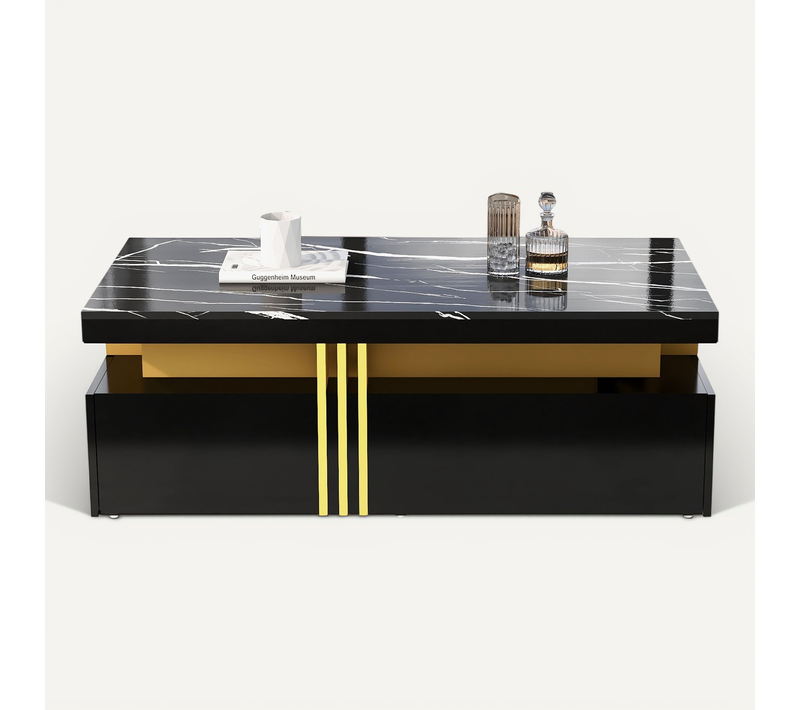 Table Basse Moderne Rectangulaire, Effet Marbre, 2 Tiroirs Bois, 100x50x40 Cm, Pour Salon