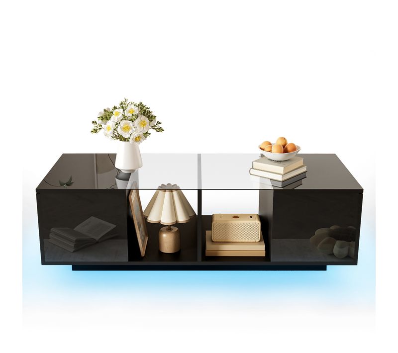 Table Basse Noire Moderne, Plateau Brillant, LED Intégrée, 120x50x38,5 Cm, Idéale Pour Salon
