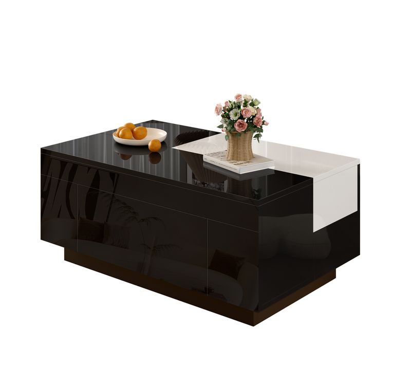 Table Basse Brillante Noir Blanc, LED 16 Couleurs, Plateau Extensible, Rangement Caché