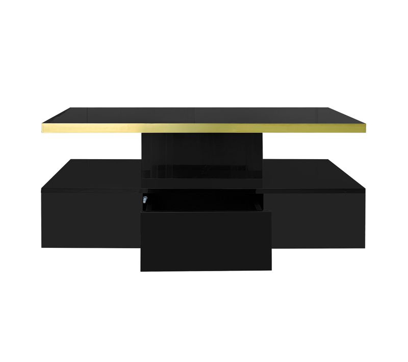 Table Basse Laquée Brillante Avec LED Intégrée, Double Plateau Et Tiroirs Pour Salon
