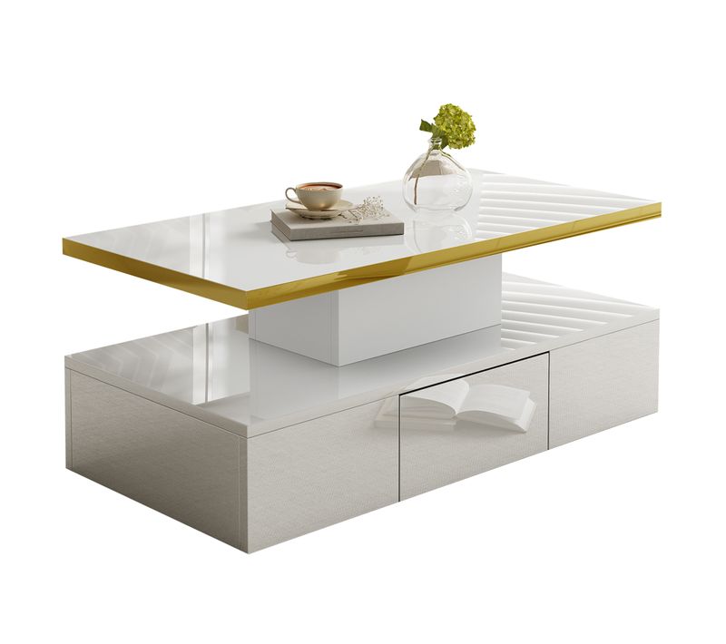 Table Basse Laquée Brillante Avec LED Intégrée, Double Plateau Et Tiroirs Pour Salon