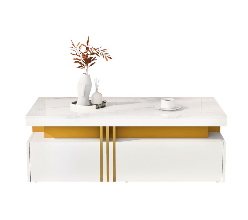 Table Basse Rectangulaire 100x50x40 Cm, Plateau Marbré Brillant, 2 Tiroirs Bois, Design Moderne