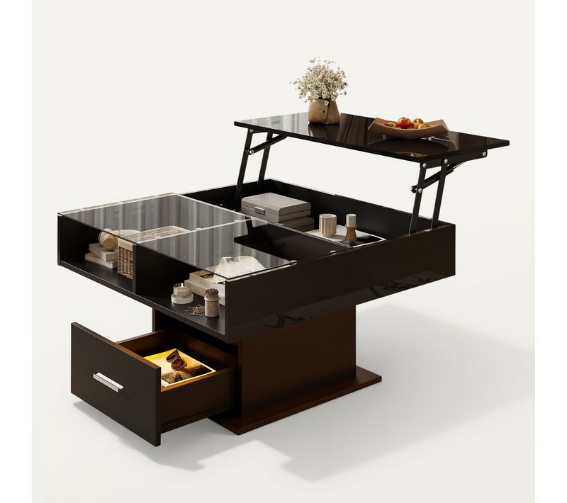 Table Basse Relevable LED, Design Moderne, Rangement Réglable, Idéale Pour Salon Ou Petit Espace
