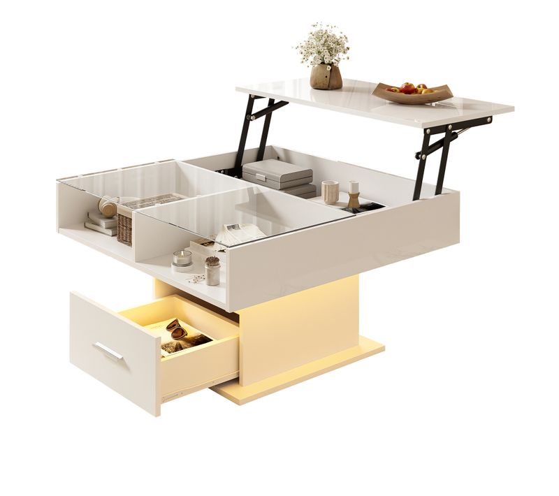 Table Basse Relevable Laquée Moderne Avec LED, Rangement Réglable, Idéale Salon Ou Petit Espace