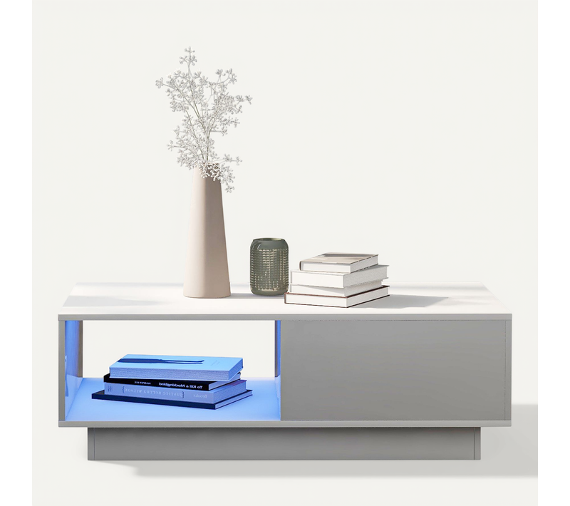 Table Basse LED Blanche Moderne, 15 Couleurs, Rectangulaire 95x55x32 Cm, Idéale Pour Salon Et Déco