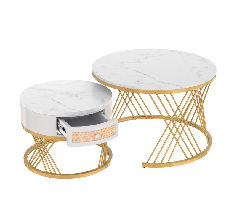 Tables Basses Rondes 2 En 1 Mdf Plateau Marbre Tiroirs Rotin Poignées Bois Massif Pieds Métal Doré