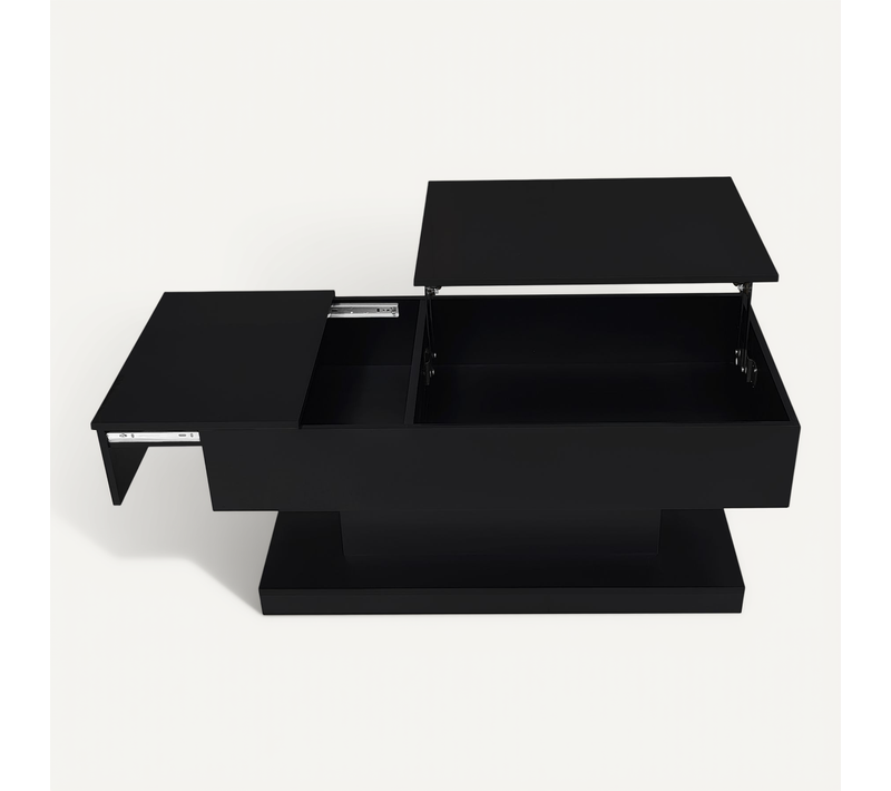 Table Basse Brillante 100x50x45 Cm Avec LED, Plateau Relevable, Design Coulissant Et Rangement