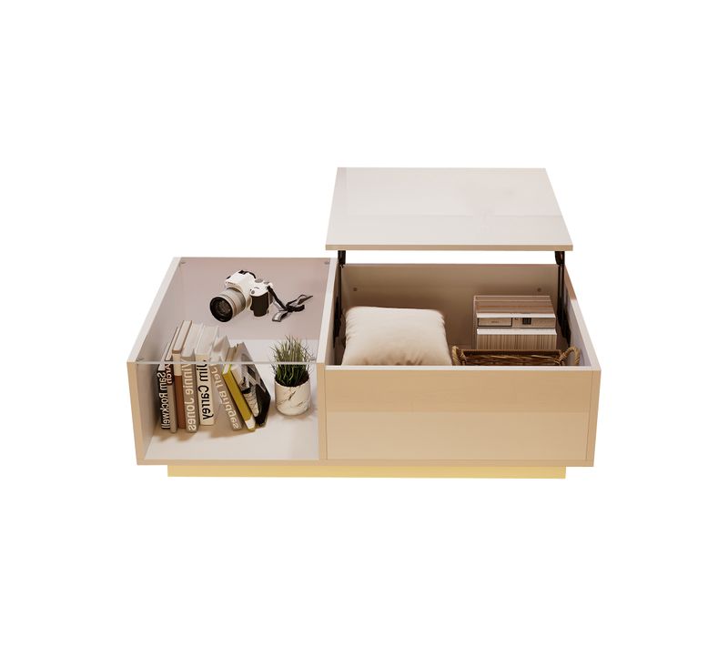 Table Basse Brillante LED 100x50x33-46,5 Cm, Hauteur Réglable, Rangement Caché Et Étagère