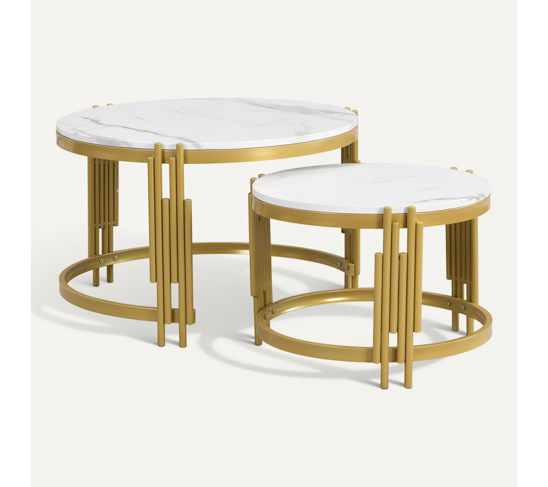 Ensemble Tables Basses Rondes Effet Marbre, Cadre Métal Doré, Deux Tailles Imbriquées Modernes