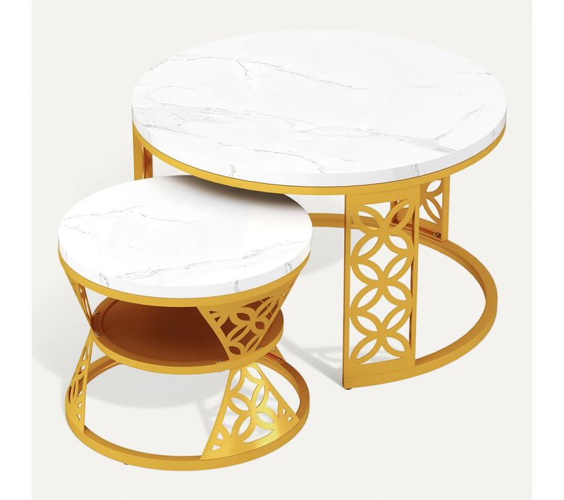 Ensemble De Tables Basses Gigognes Modernes, Rondes, Cadre Doré, 2 Pièces
