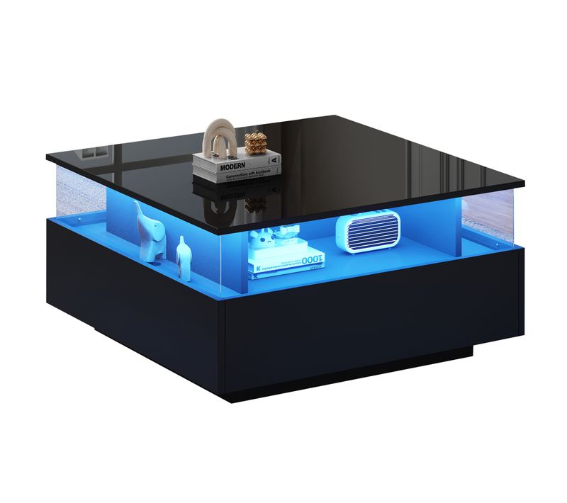 Table Basse Brillante LED 70x70x41 Cm, 2 Tiroirs, Espace Transparent, 30 Kg, Style Moderne