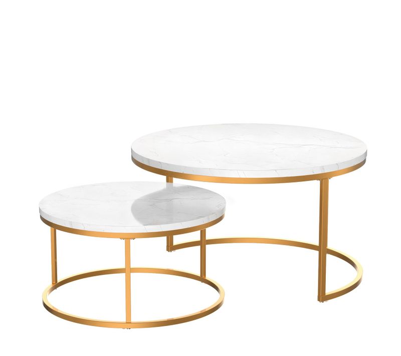 Ensemble De Deux Tables Basses Gigognes Rondes Pour Le Salon, Blanches Et Dorées, Design Moderne.