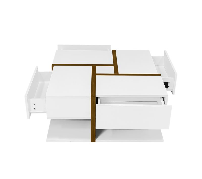 Table Basse Carrée Brillante 78x78x34,8 Cm, 4 Tiroirs, Design Moderne Et Grand Rangement