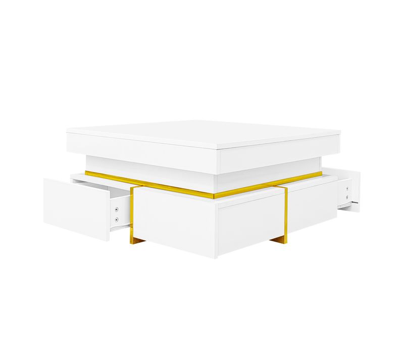 Table Basse Brillante Avec Tiroirs Et Accents Dorés, Design Moderne Et Élégant Pour Salon