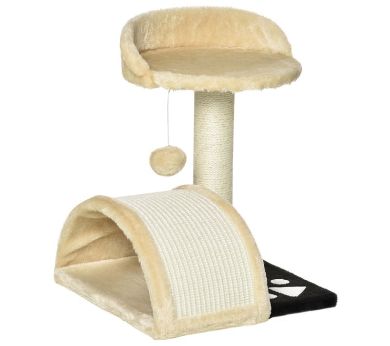 Lit 35,5x37x46 Cm Pour Chat En Peluche Beige, Poteaux Sisal, Pont Incurvé Et Balle Suspendue