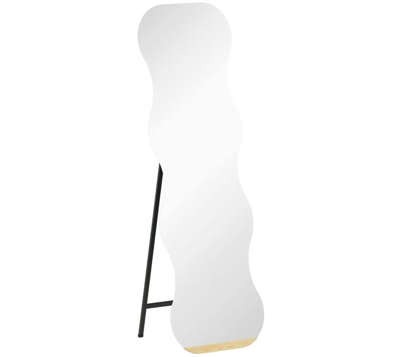 Miroir Sur Pied 160x50 Cm Sans Cadre Noir, Silhouette Ondulée Design Et Base En Pin
