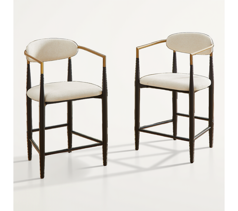 Lot De 2 Tabourets De Bar Beige Noir Et Doré Avec Accoudoirs Pour Îlot De Cuisine