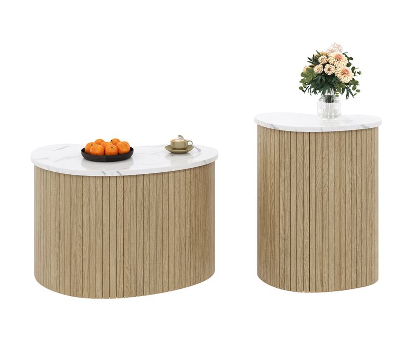 Lot De 2 Tables Basses Compactes Avec Plateau Effet Marbre Et Bois