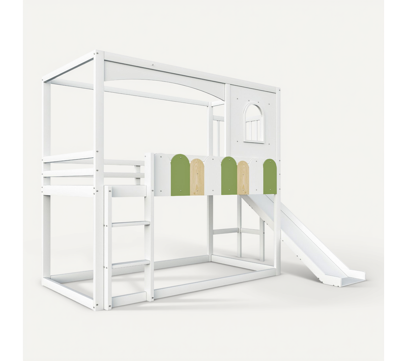 Lit Mezzanine 90x200 Cm Avec Structure En Bois Et Toboggan Blanc