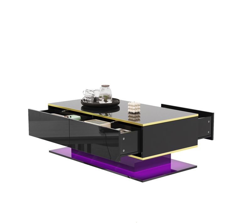 Table Basse 100 Cm Avec 3 Tiroirs Et Éclairage LED Noir Et Doré