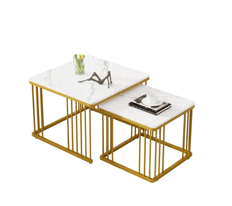 Lot De 2 Tables Basses Carrées Avec Plateaux En Mdf Effet Marbre Blanc Brillant