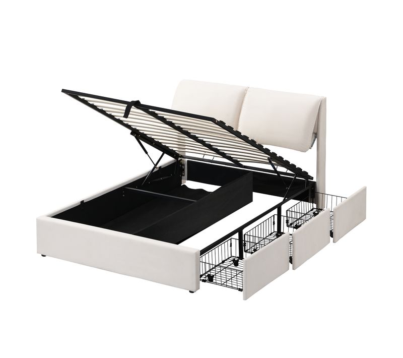 Lit Coffre 140x200 Cm Avec Sommier Relevable Hydraulique Velours Beige