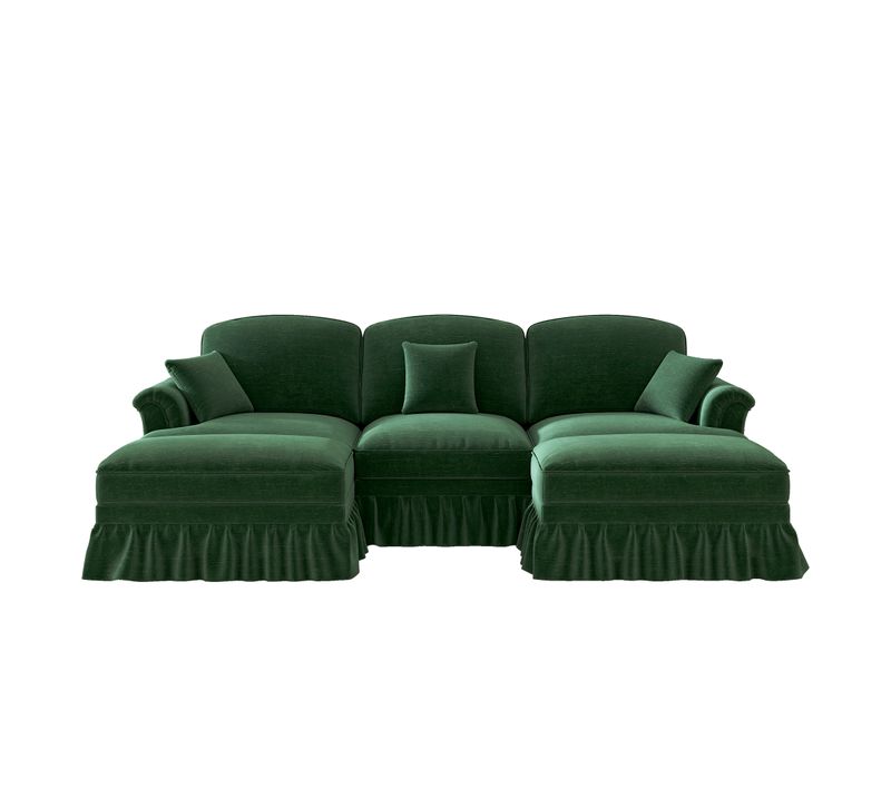 Canapé Modulable En Chenille Vert, Deux Styles Avec Jupe Amovible Et Pouf Mobile