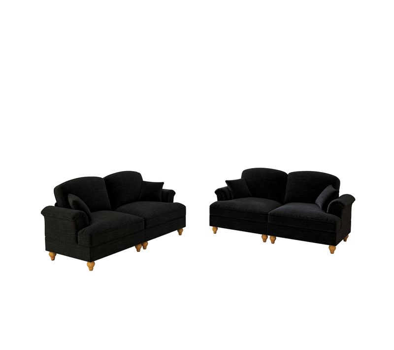Canapé Modulable 2 Places En Chenille Noire, Jupe Amovible Et Pouf Mobile Mid-century