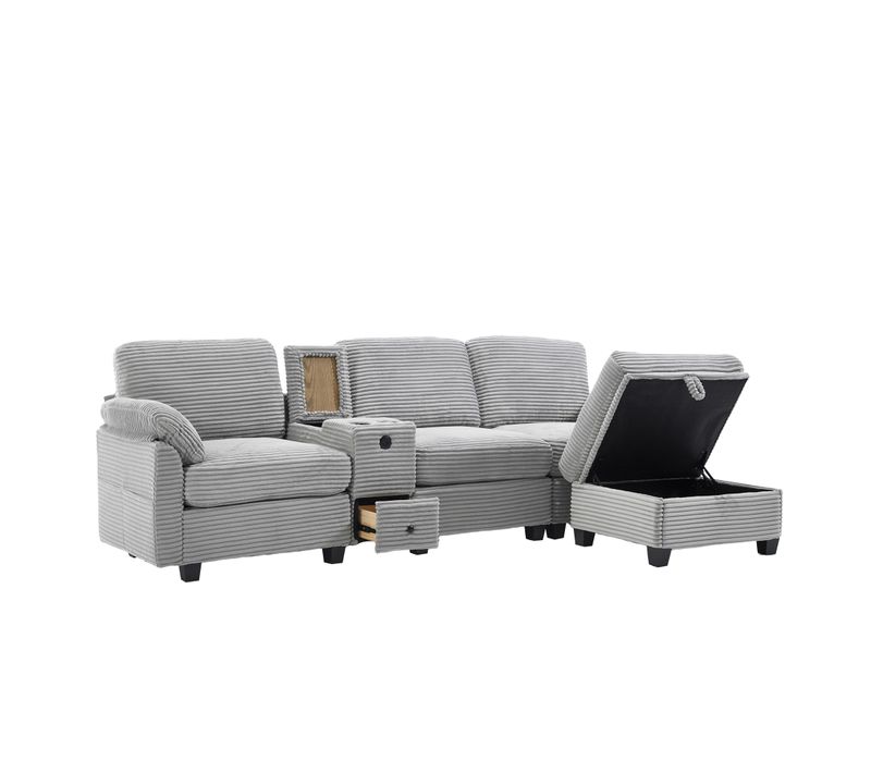 Canapé 3 Places 266x136x82 Cm Velours Côtelé Gris Clair, Console Coulissante Et Hocker Coffre