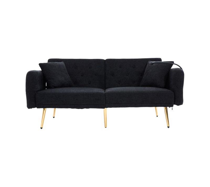 Canapé-lit 173x78 Cm En Tissu Chenille Noir, Dossier 3 Positions, Porte-téléphone Et 2 Ports USB