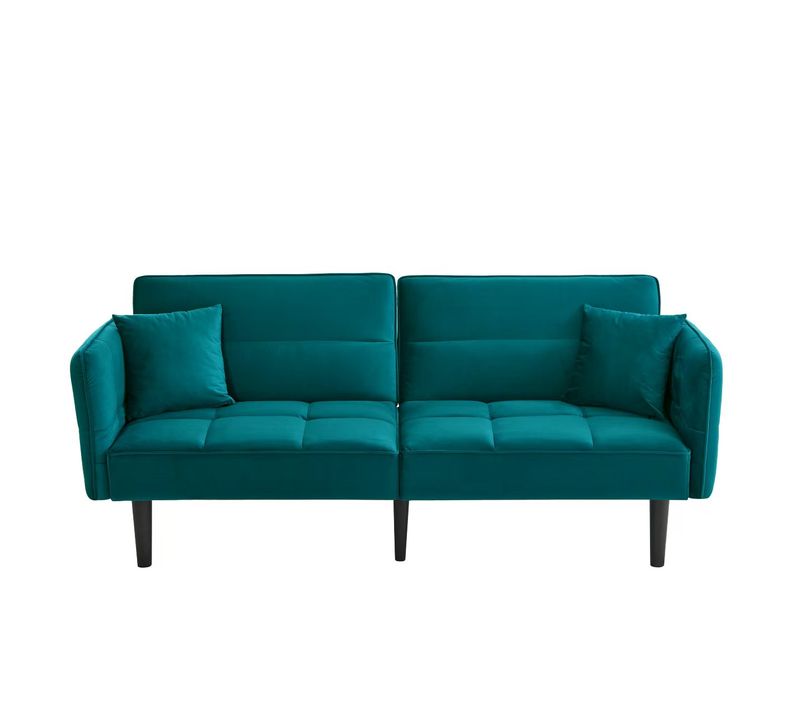 Canapé 2 Places En Velours Bleu-vert Antique, Dossiers Réglables 3 Positions Et Accoudoirs Pliants