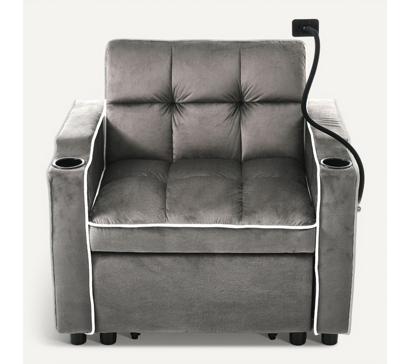 Fauteuil D'appoint 83x167x76 Cm En Velours Gris Foncé, 3-en-1 Avec Porte-gobelets Et Poche